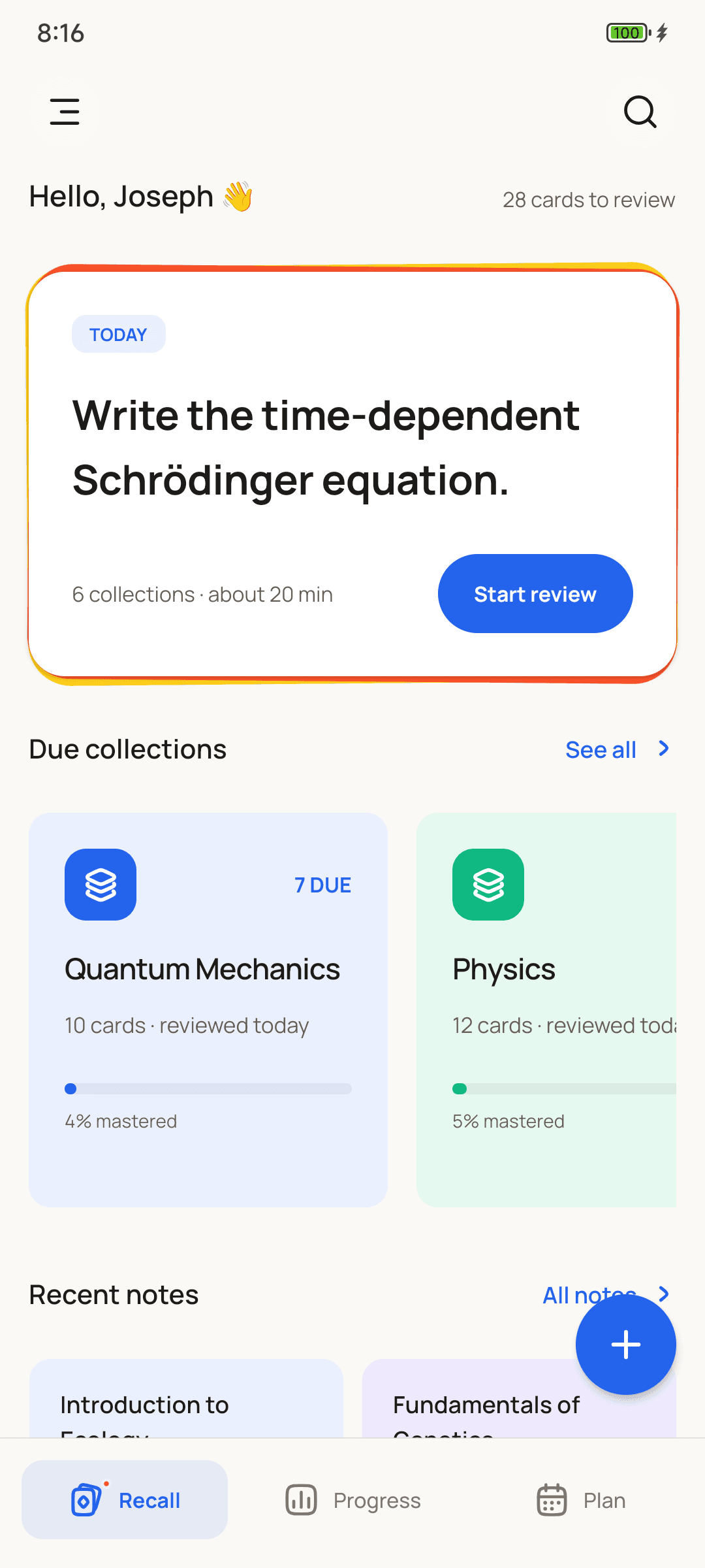 Knot's home screen, with today's review card
